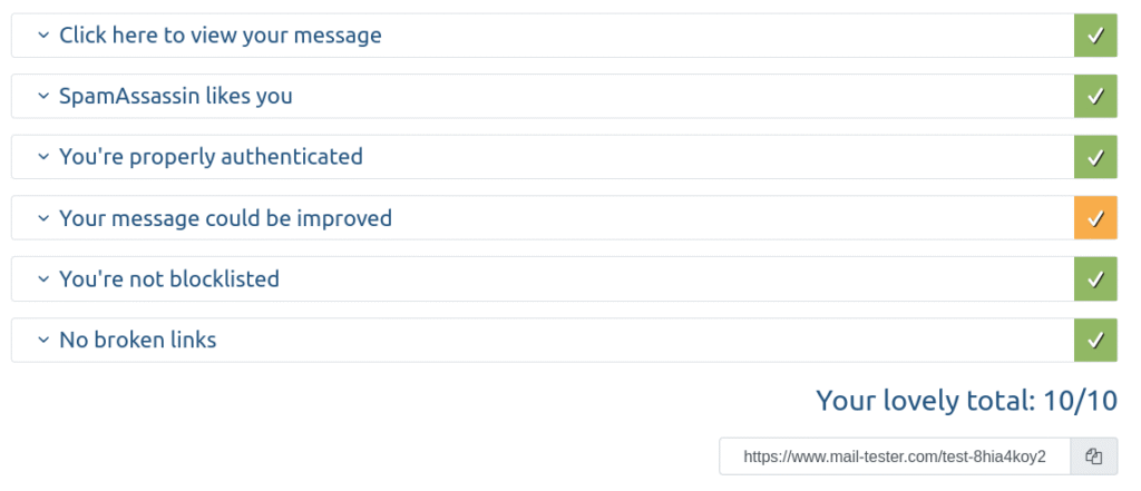 The yellow improvement is for adding an unsubscribe header, but that's a false positive since I don't send newsletters.