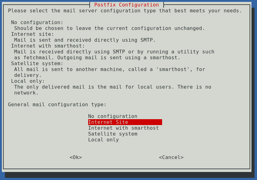 internet site option; a pic of ncurses postfix installer